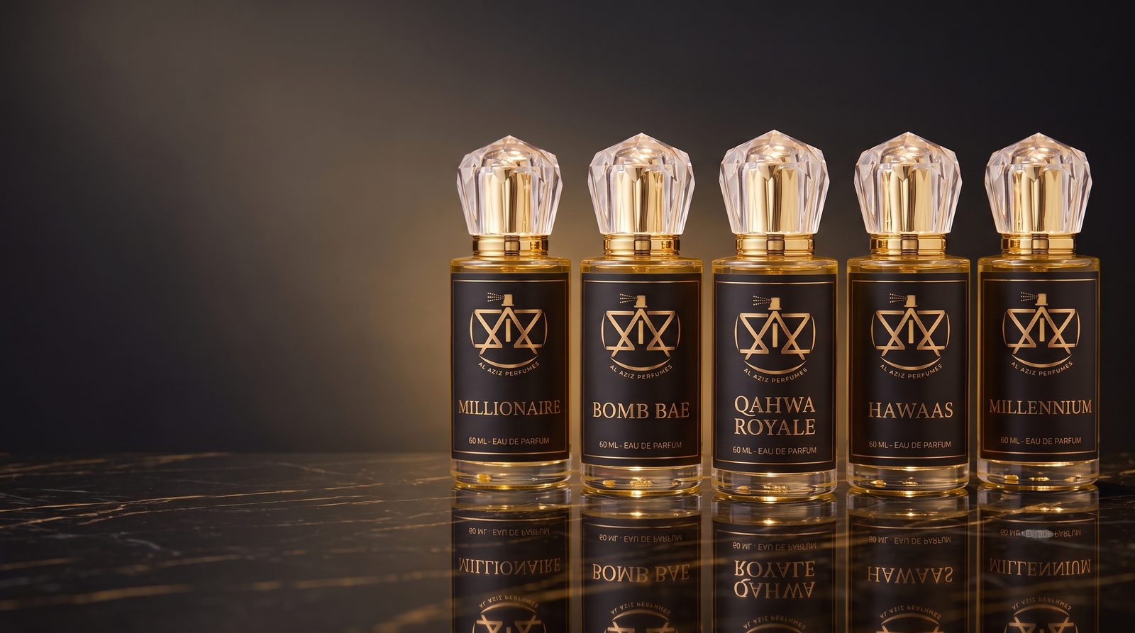 AL AZIZ PERFUMES eau de parfum bottles arranged on a dark surface at our store counter