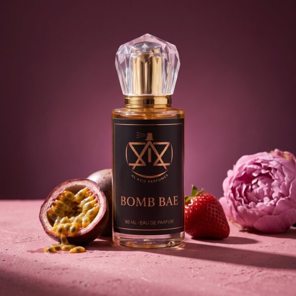 AL AZIZ Bomb Bae 60 ml eau de parfum beside passionfruit and a peony on warm plum