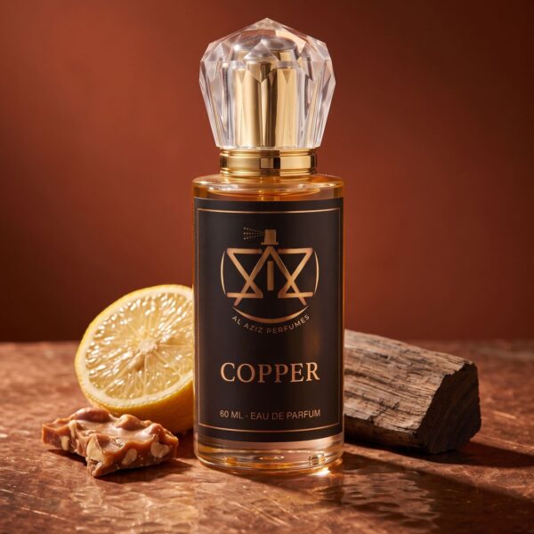 AL AZIZ Copper 60 ml eau de parfum on hammered copper with lemon and praline