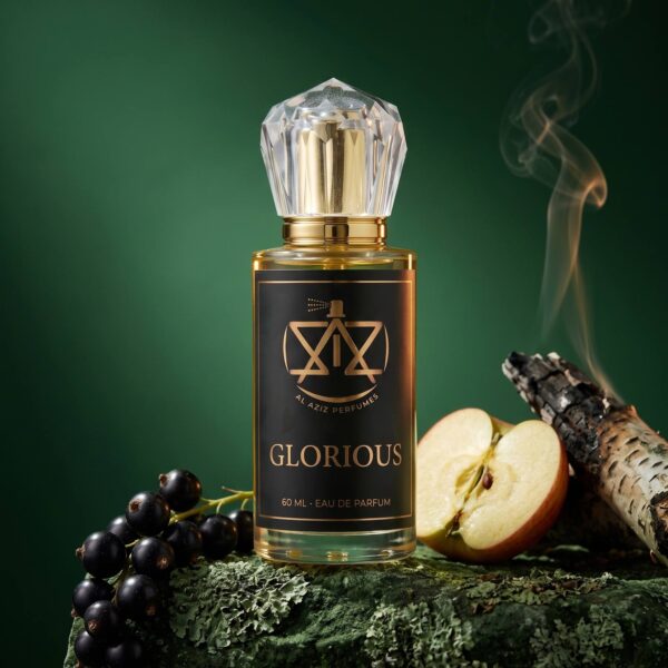 AL AZIZ Glorious 60 ml eau de parfum on mossy stone with blackcurrants and apple