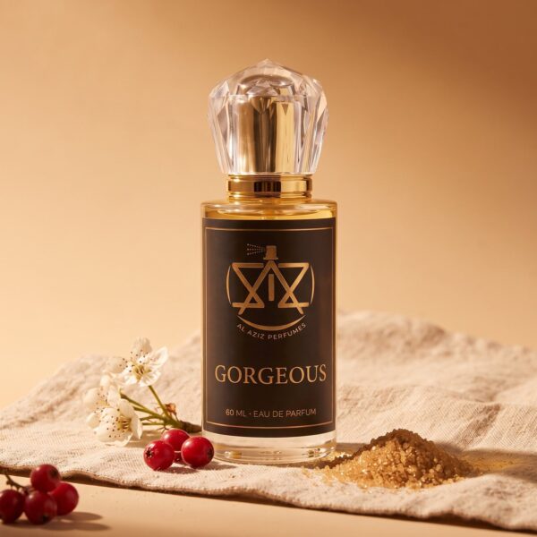 AL AZIZ Gorgeous 60 ml eau de parfum on linen with pear blossom and brown sugar