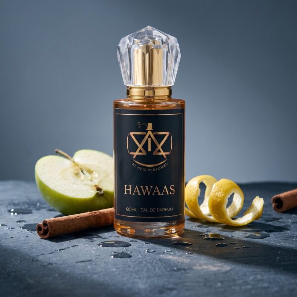 AL AZIZ Hawaas 60 ml eau de parfum on wet slate with green apple, lemon peel and cinnamon