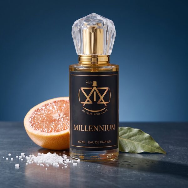 AL AZIZ Millennium 60 ml eau de parfum on brushed steel with grapefruit and bay leaf