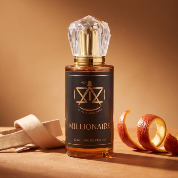 AL AZIZ Millionaire 60 ml eau de parfum on tan leather with blood orange peel