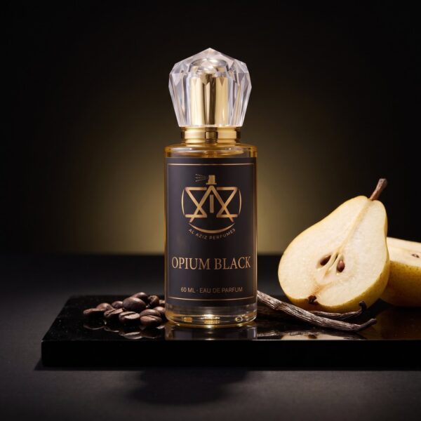 AL AZIZ Opium Black 60 ml eau de parfum on black lacquer with coffee beans and vanilla pod