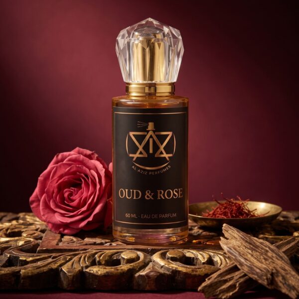 AL AZIZ Oud and Rose 60 ml eau de parfum on carved wood with damask rose and saffron