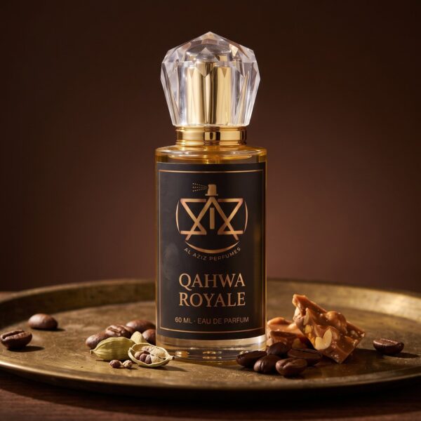 AL AZIZ Qahwa Royale 60 ml eau de parfum on brass with coffee beans and cardamom