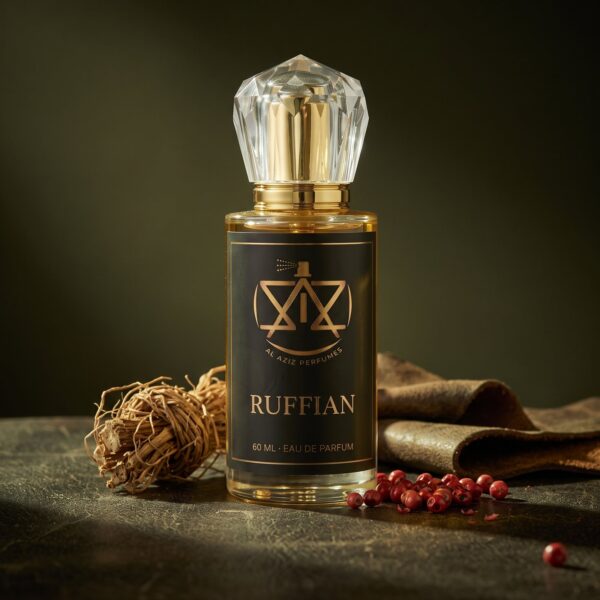 AL AZIZ Ruffian 60 ml eau de parfum on worn leather with vetiver root and pink peppercorns