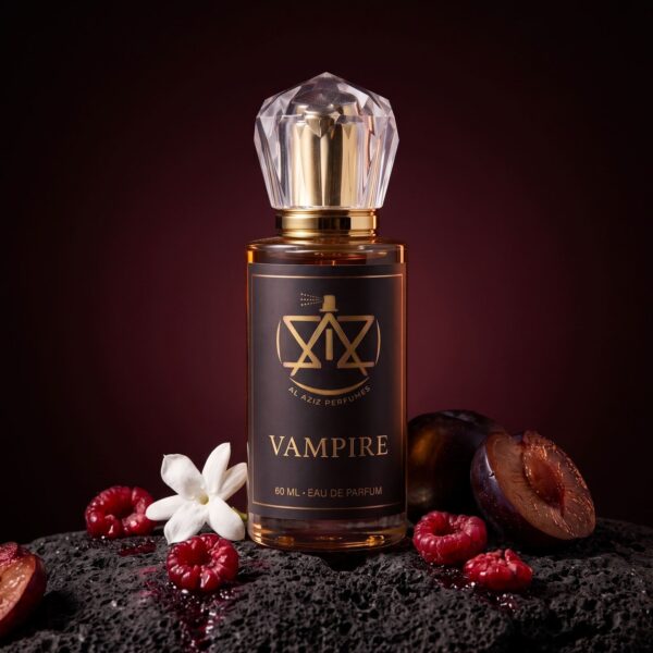 AL AZIZ Vampire 60 ml eau de parfum on black stone with crushed red berries and jasmine
